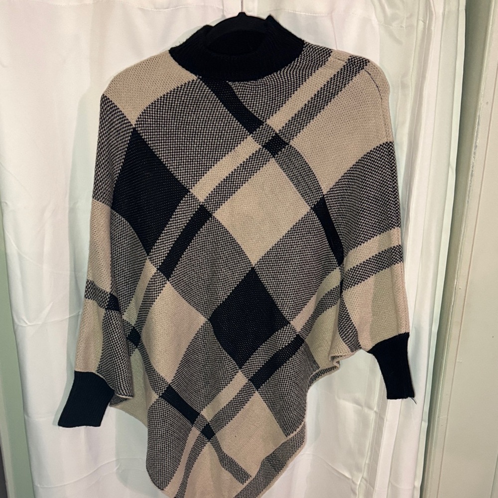 Tan and Black Plaid Sweater Mock Neck Poncho Pullover Tunic size 3XL